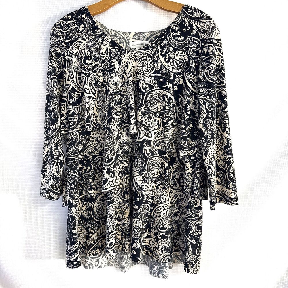 Susan Graver Beige Black Layered Fluttered Liquid Knit Blouse - S - Boho Stretch